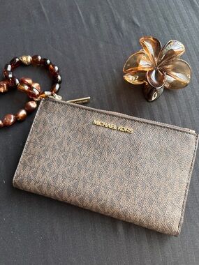 Michael Kors Brown and Tan Signature Zip Wallet